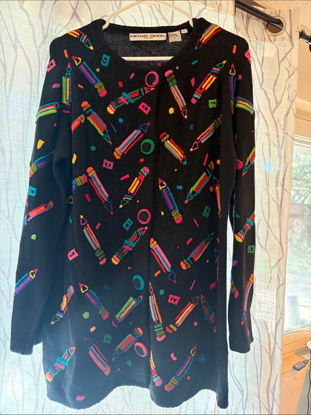 Michael Simon Black Cardigan with Multicolor Pencil Motif